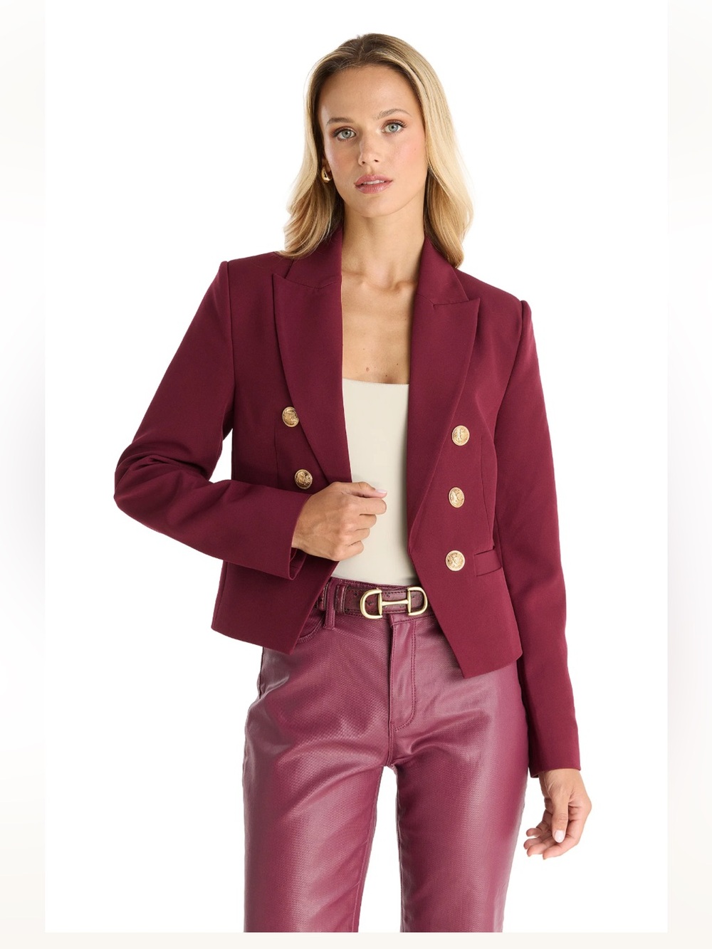 Haver & Blair Burgundy Double-Breasted Cropped Blazer with Gold Buttons